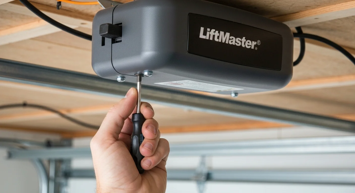 Garage door opener motor head showing travel limit adjustment screws