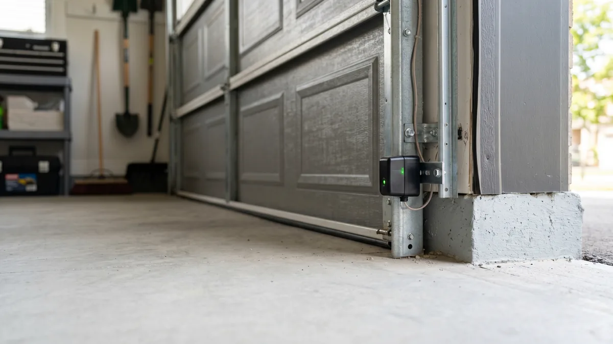 Garage door safety sensor (photo eye) mounted near the floor with alignment indicator light