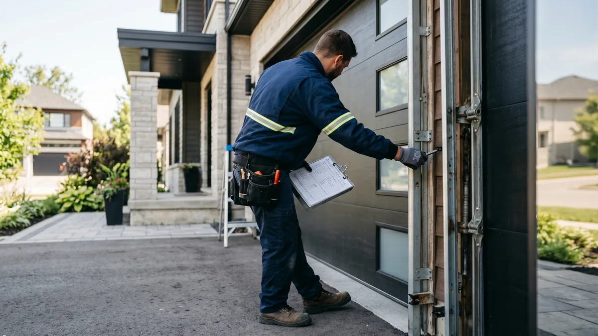 Technician performing annual garage door maintenance, lubricating rollers and checking springs