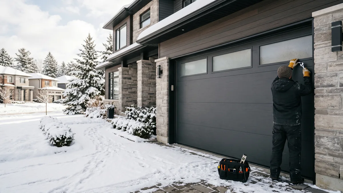 Insulated steel garage door on a snow-covered GTA home during a Canadian winter