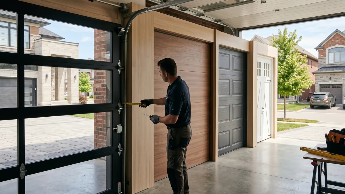 New insulated double garage door being installed on a GTA home in the off-season