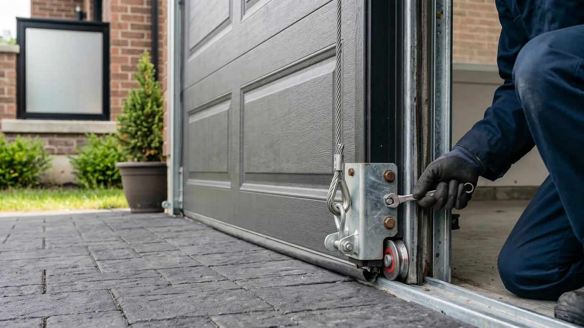 Technician replacing a rusted garage door bottom bracket and lift cable in a Mississauga garage