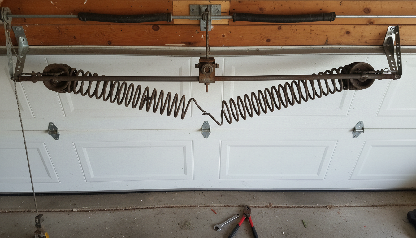 Close-up of broken garage door torsion spring requiring replacement
