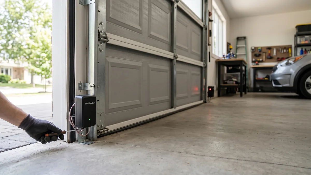 Garage door photo-eye safety sensor mounted near the floor of a garage door track