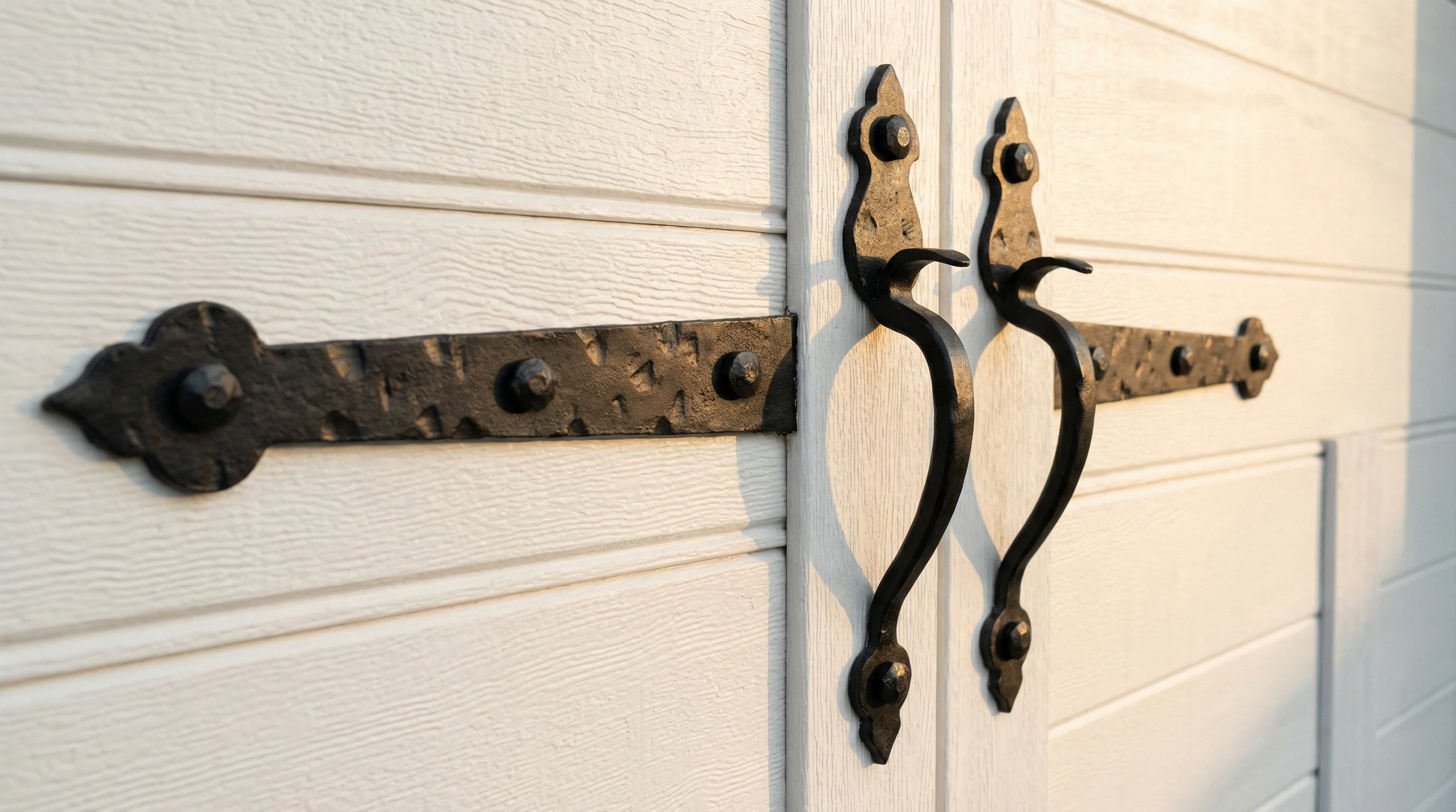 Carriage house style garage door with decorative hardware on a Toronto home