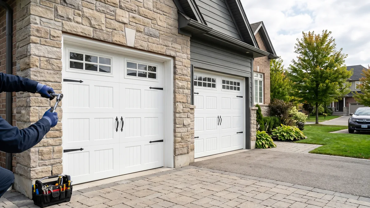 Side-by-side comparison of a carriage house garage door and a traditional raised-panel garage door on GTA homes