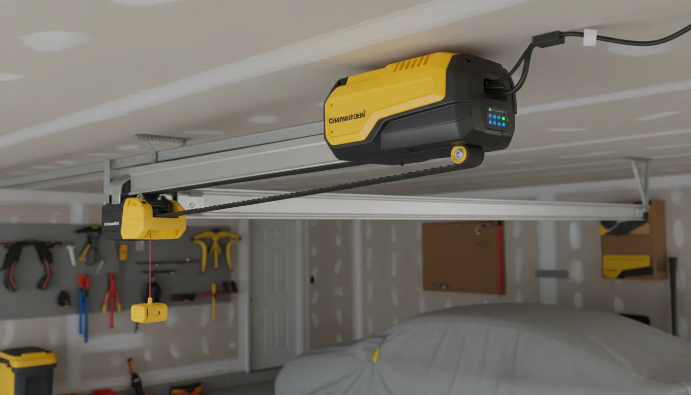 Chamberlain B6765 smart garage door opener installed on ceiling with MyQ app interface shown