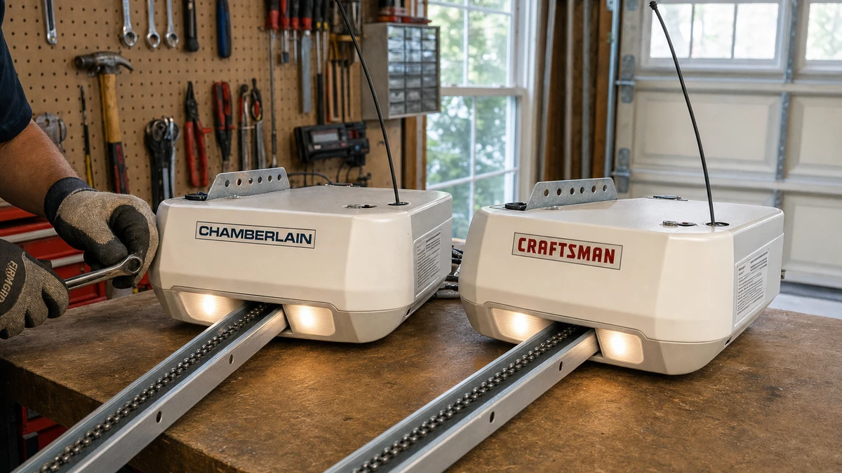 Chamberlain and Craftsman garage door opener motor units side by side on a workbench for comparison