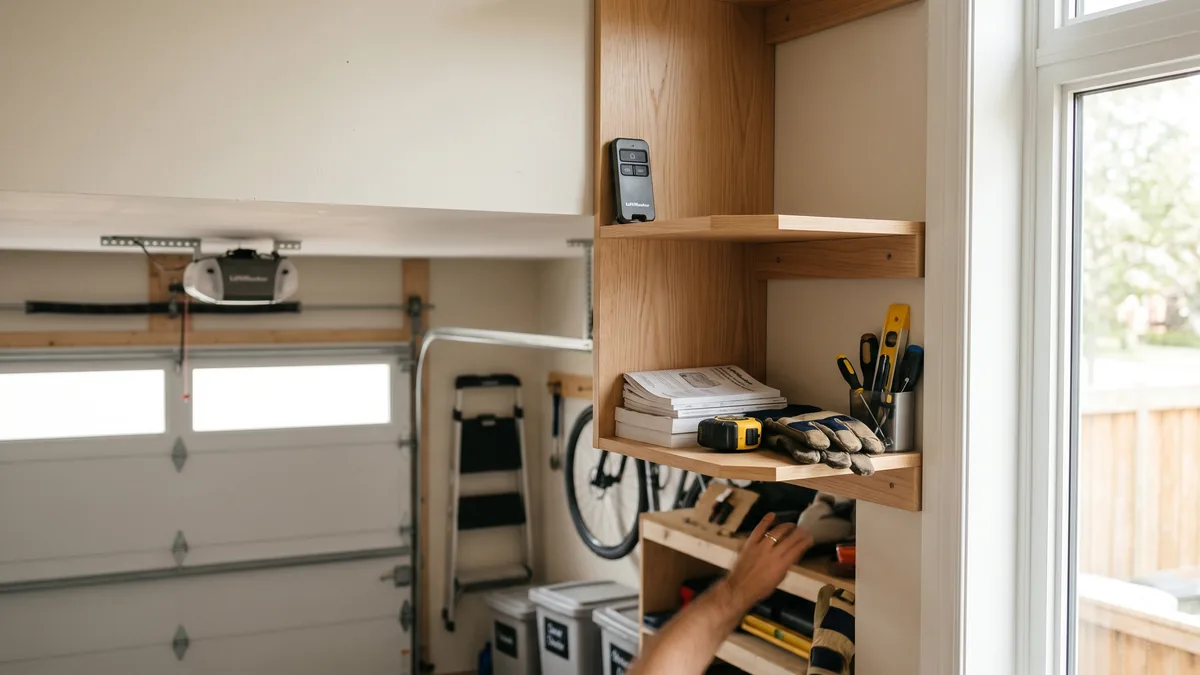 Parent storing a garage door remote on a high hook out of a child's reach in a GTA garage