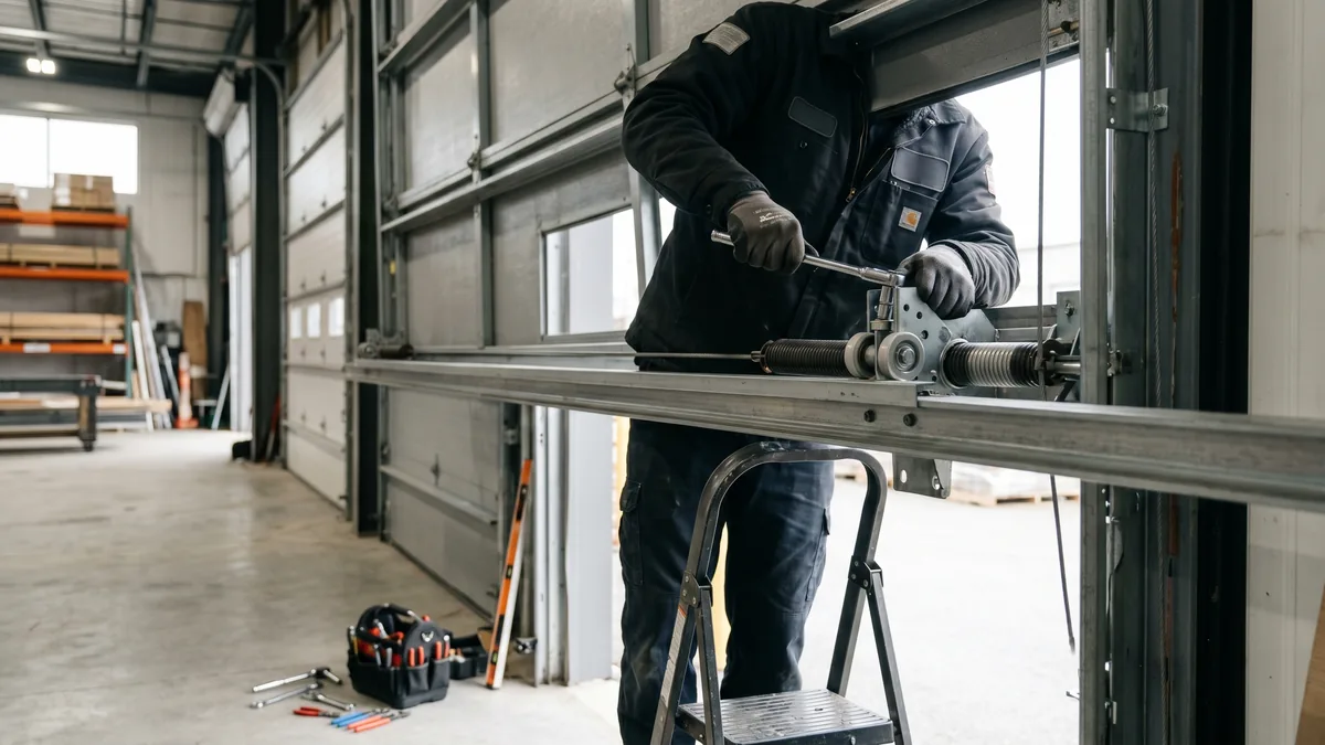 Technician performing preventive maintenance on a commercial overhead loading dock door at a GTA warehouse