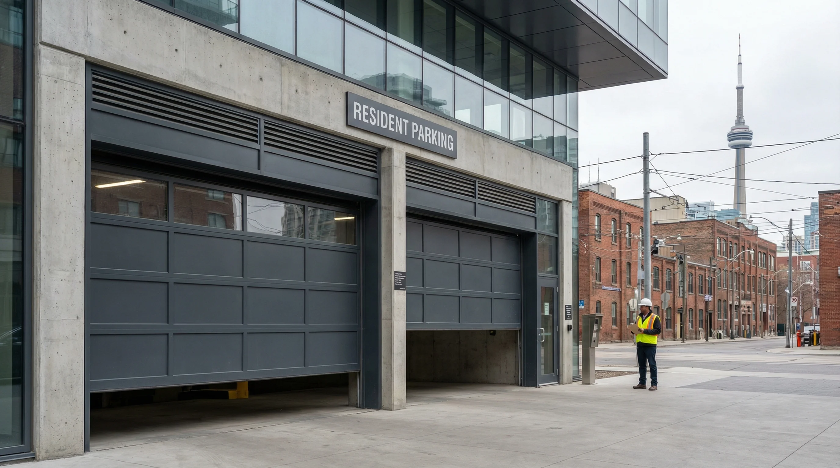 Condo building parking garage entrance with sectional doors and property manager Toronto