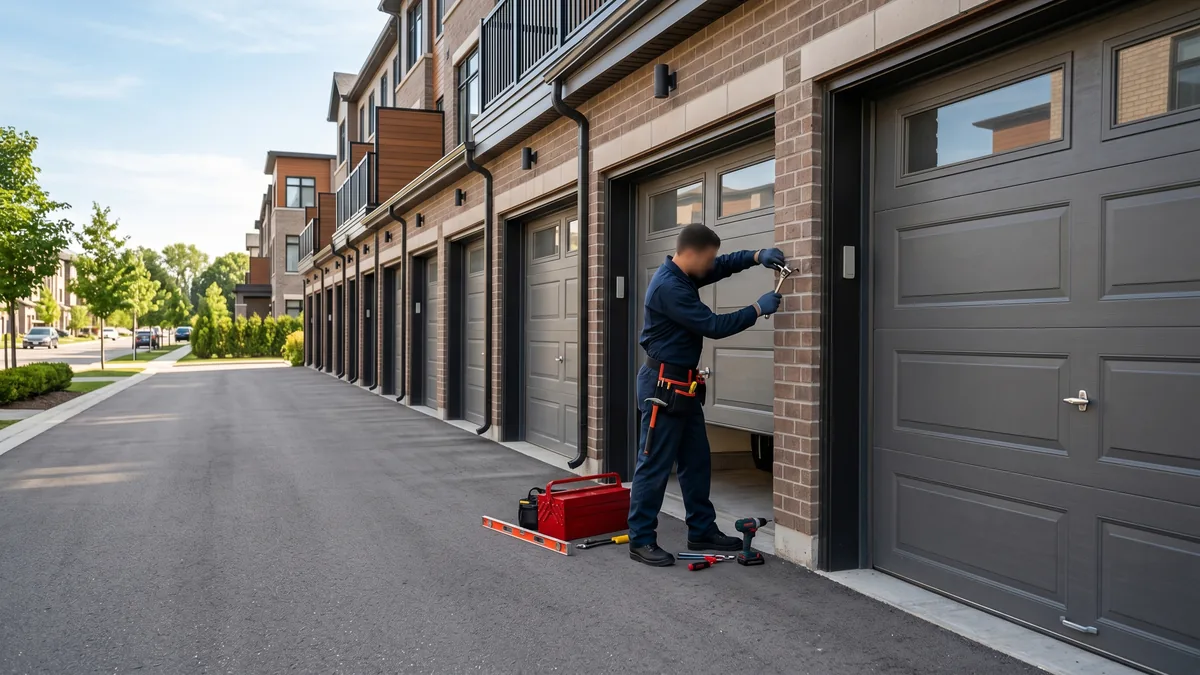 Row of matching townhouse garage doors in a GTA condominium complex with uniform colour and style