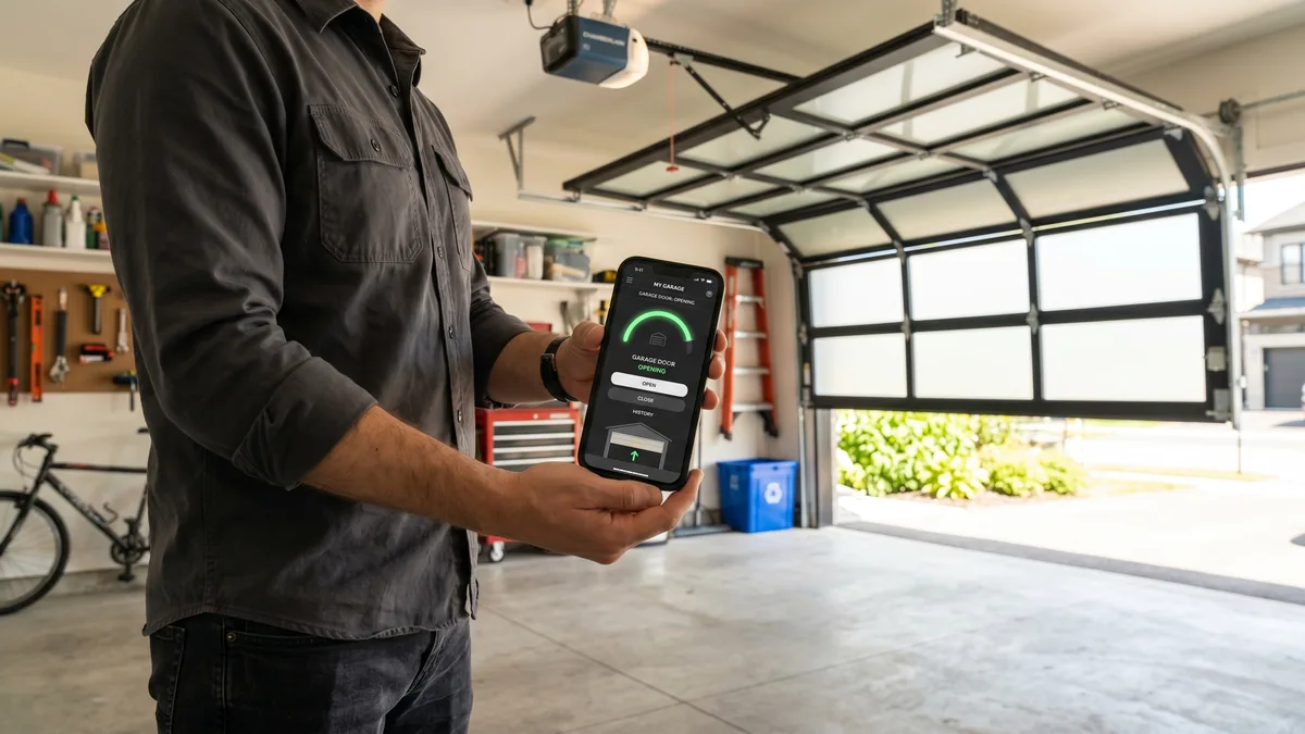 Smartphone app controlling a WiFi-connected garage door opener