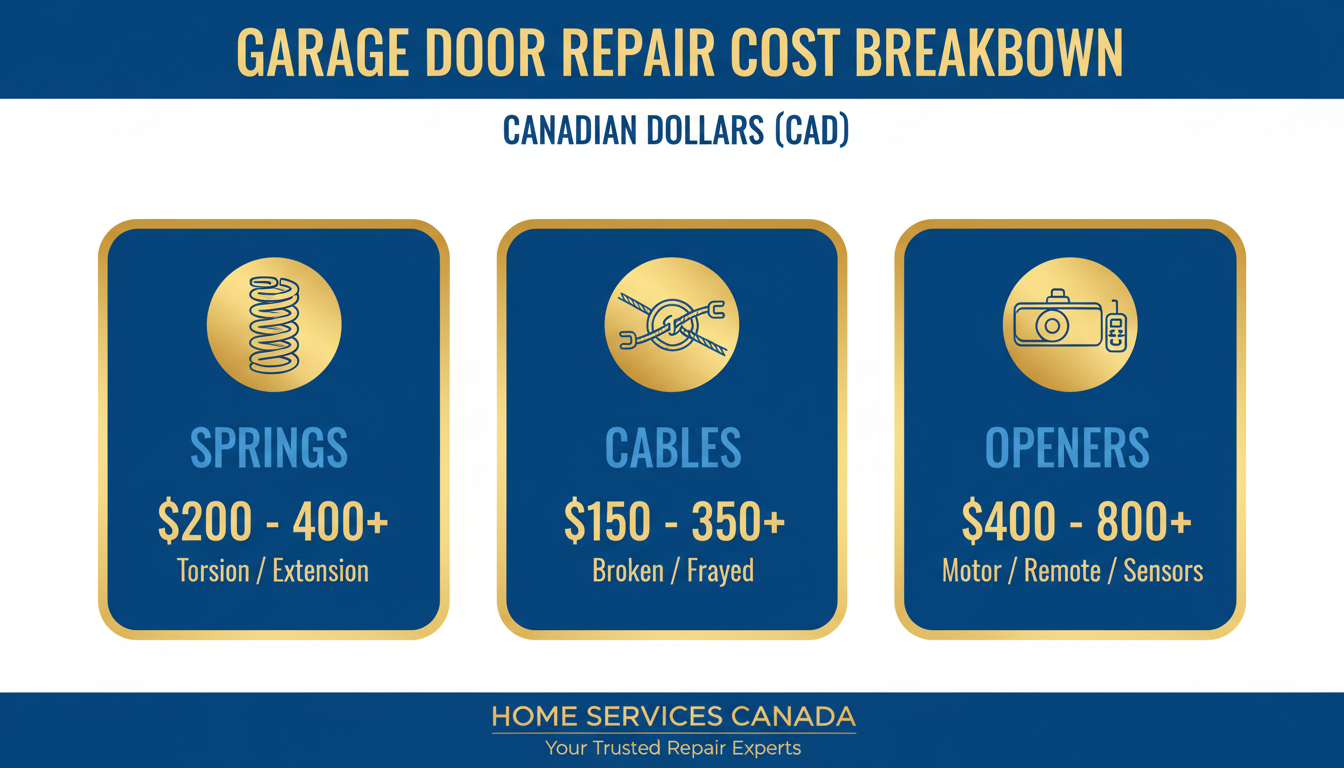 Infographic showing garage door repair cost breakdown in Canadian dollars