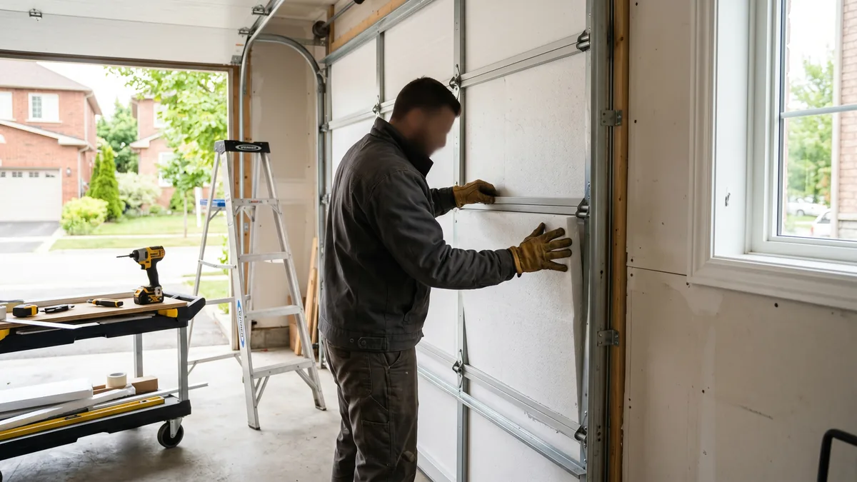 Foam-board insulation panels installed in the back of a steel sectional garage door in a GTA garage