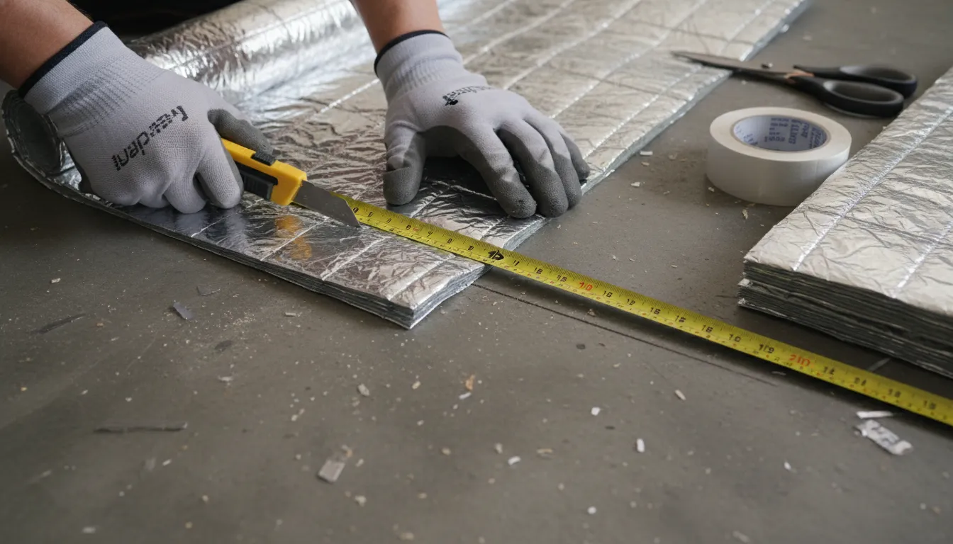Homeowner installing foam insulation panels into garage door sections