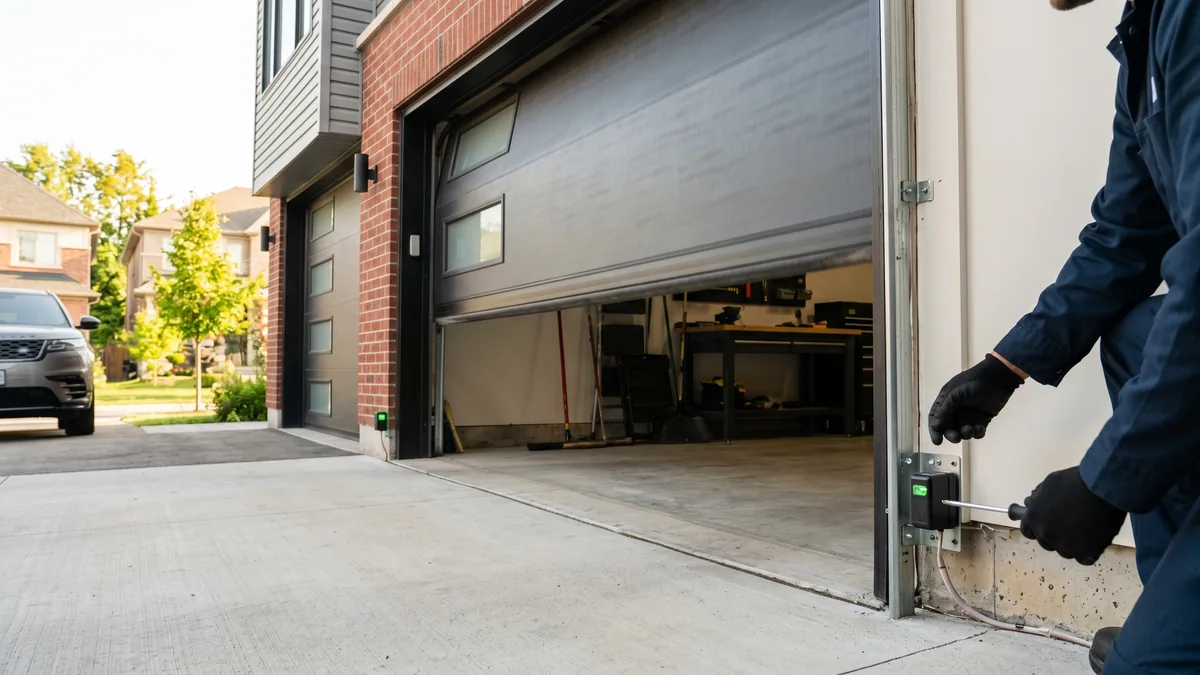 Garage door touching the floor and reversing back up while a technician adjusts the opener limit screws in a Mississauga garage