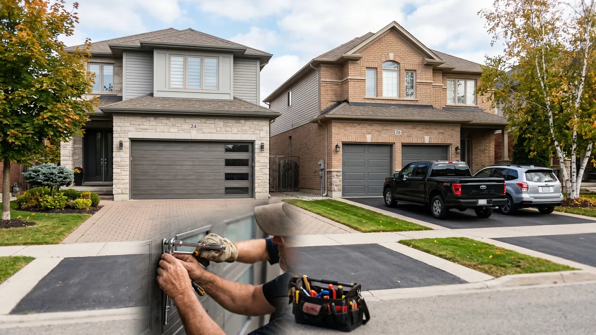 Side-by-side comparison of a two-car home with one wide double garage door versus two single garage doors in the GTA