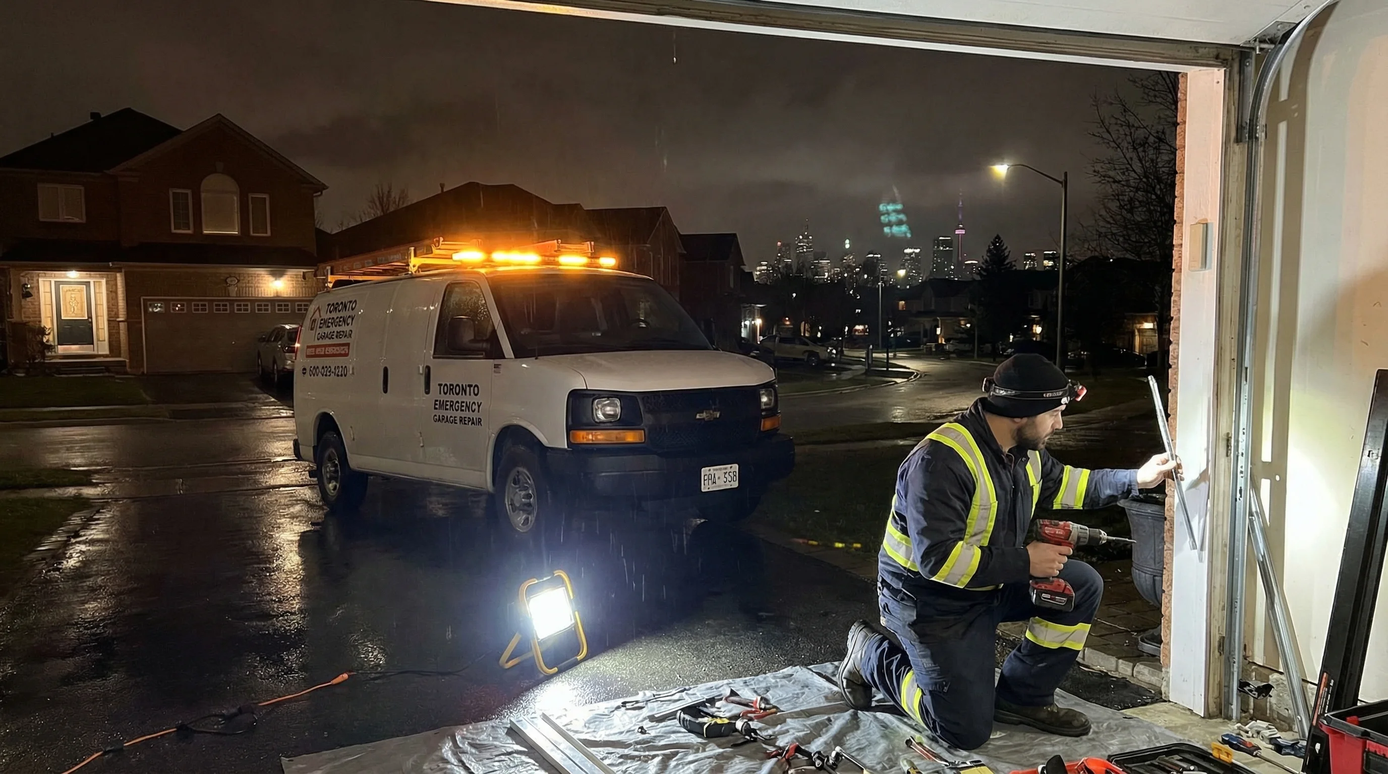 Emergency garage door repair at night Toronto technician with service van and tools