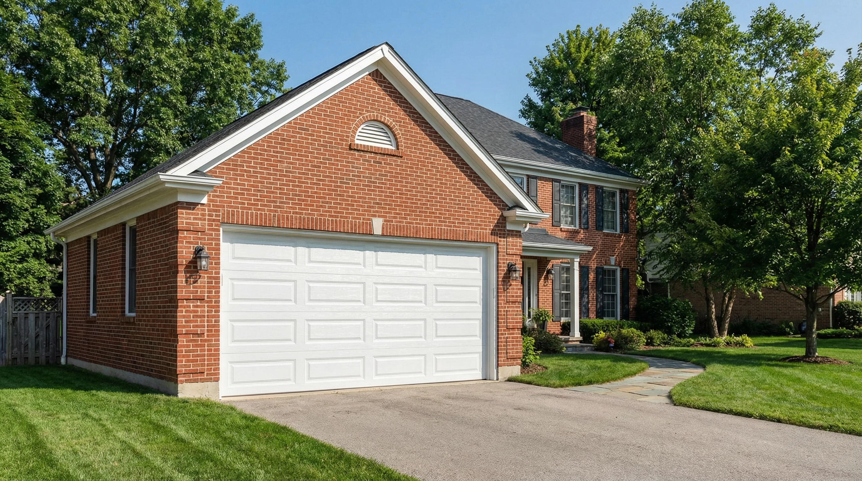 Fiberglass garage door with wood-grain finish on residential home