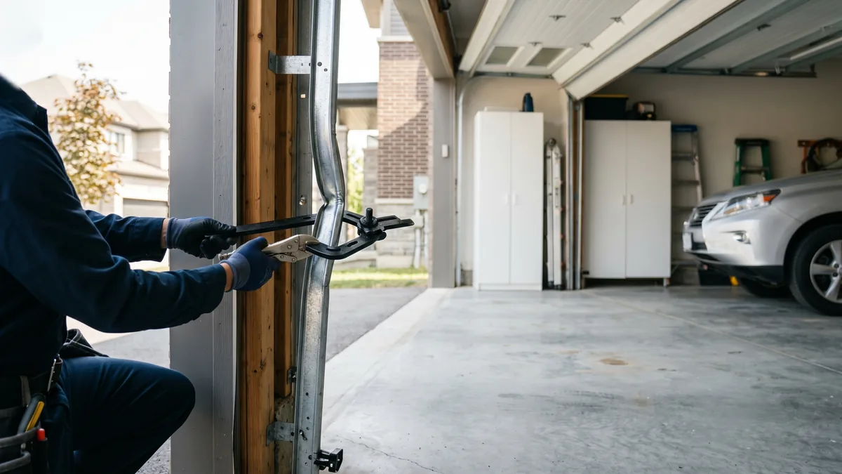 Technician straightening a bent garage door track with locking pliers in a Mississauga garage