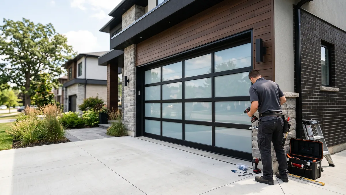Modern full-view glass garage door with aluminum frame on a contemporary GTA home