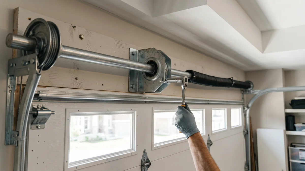 Garage door torsion bar and center bearing plate mounted above the door opening