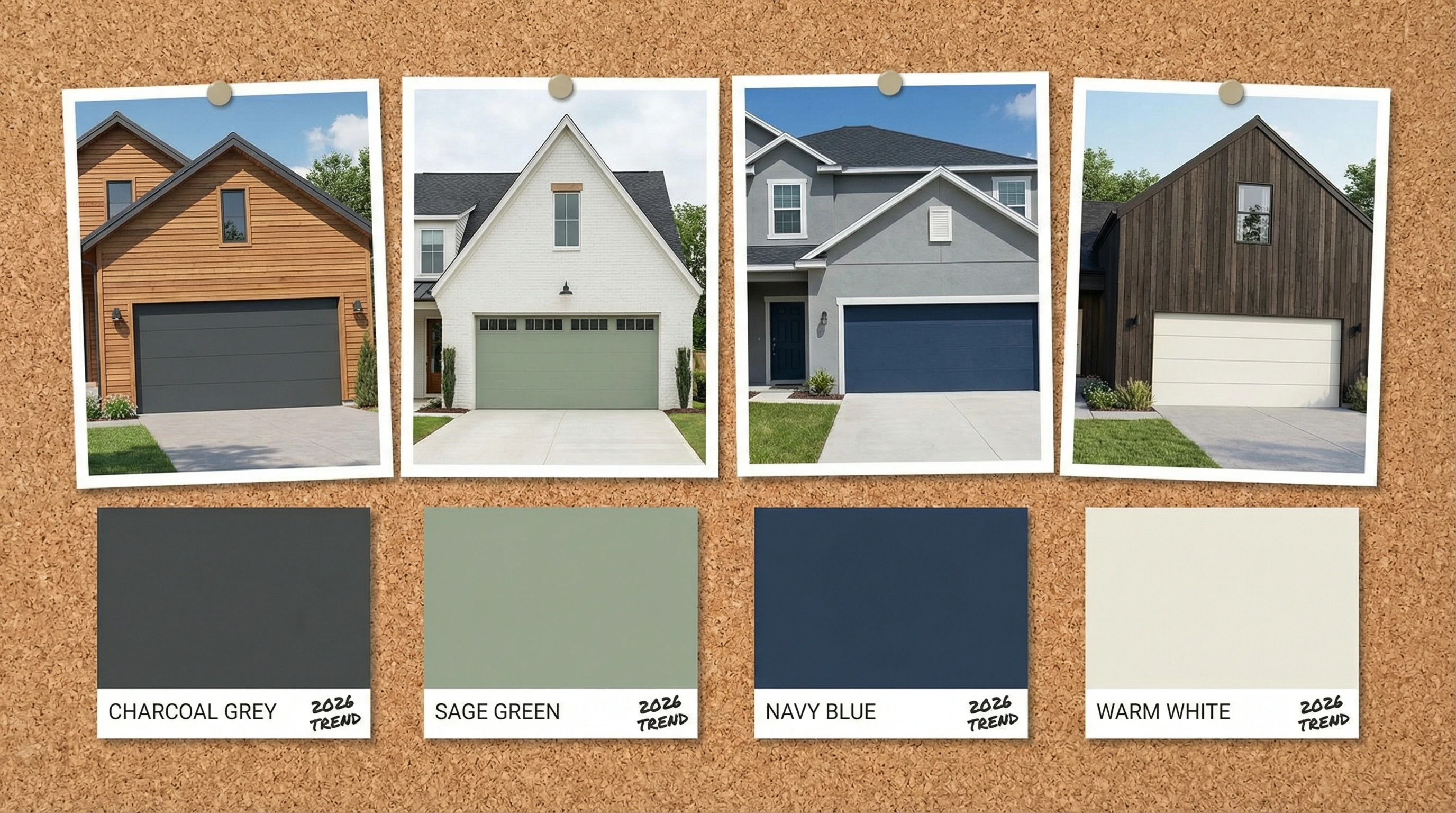 Collection of garage doors in trending 2026 colors including black, sage green, and warm white