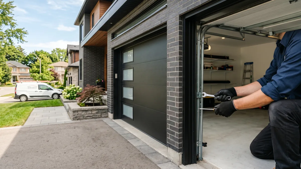 Modern GTA home with a matte charcoal garage door and black-framed windows showing 2027 color trends