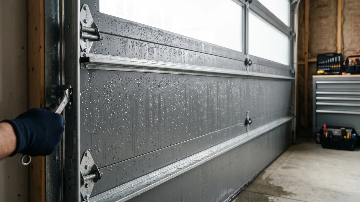 Inside of a garage door panel with condensation and frost forming on the cold steel surface