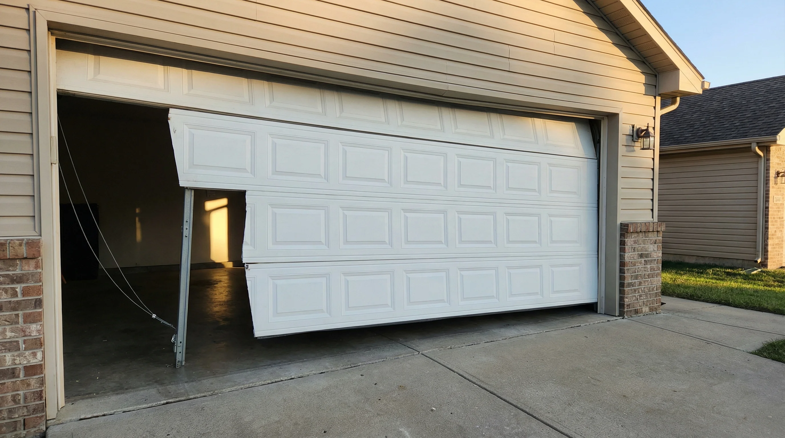 Garage door hanging unevenly with visible gap on one side tilted off-level sectional door