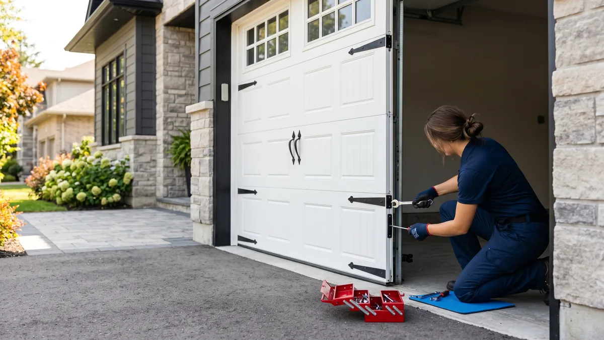 Carriage-house garage door with decorative handles, strap hinges and clavos studs