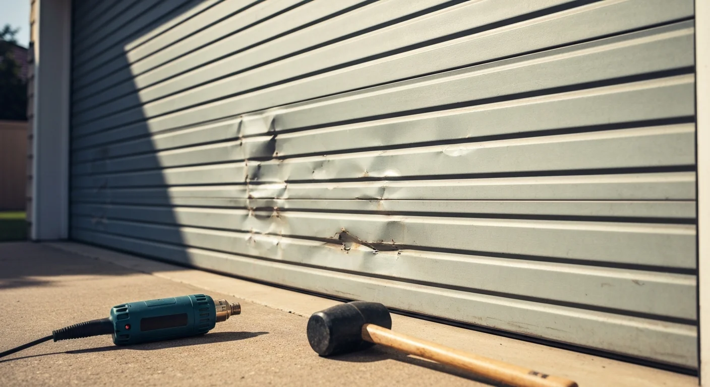 Dented steel garage door panel showing repair process