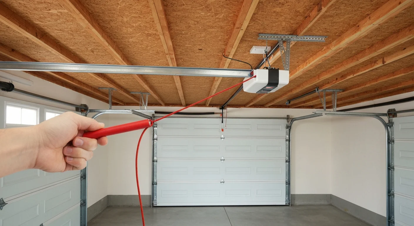 Garage door opener emergency release red cord hanging from trolley carriage
