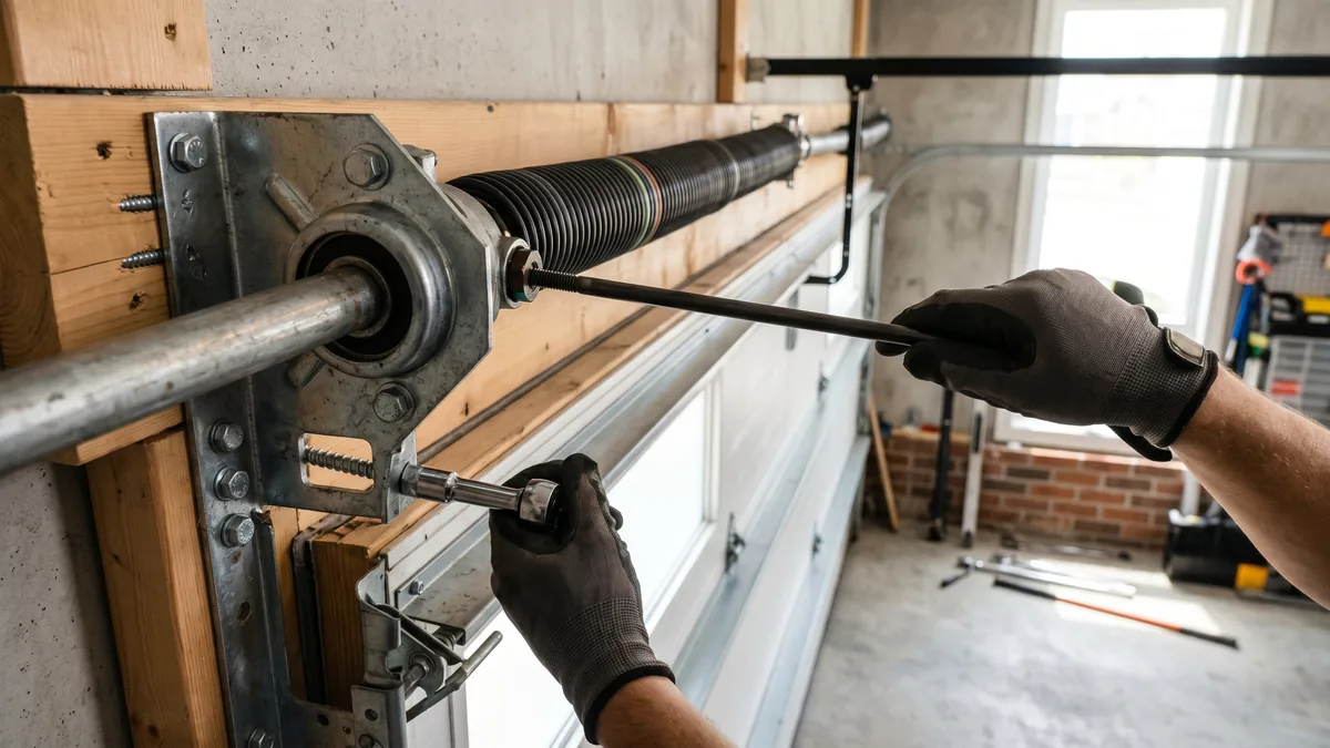 Garage door torsion shaft, end bearing plate, and cable drum mounted above the door header