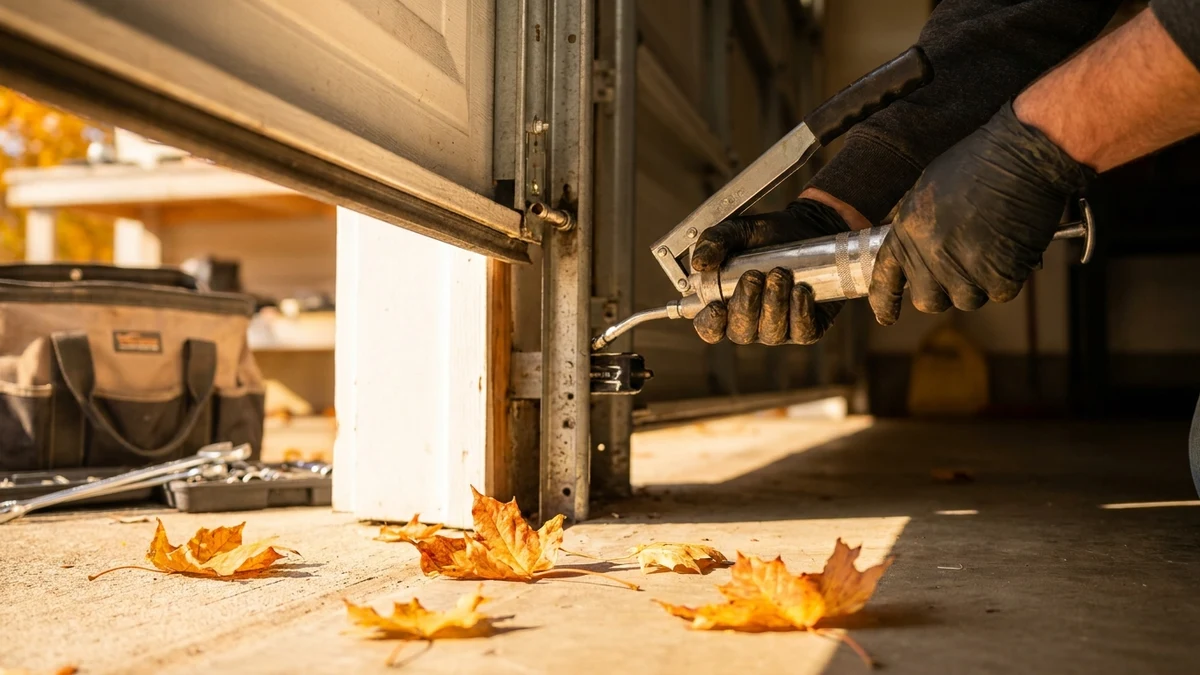 Technician lubricating a garage door track and roller with fallen autumn leaves on the driveway
