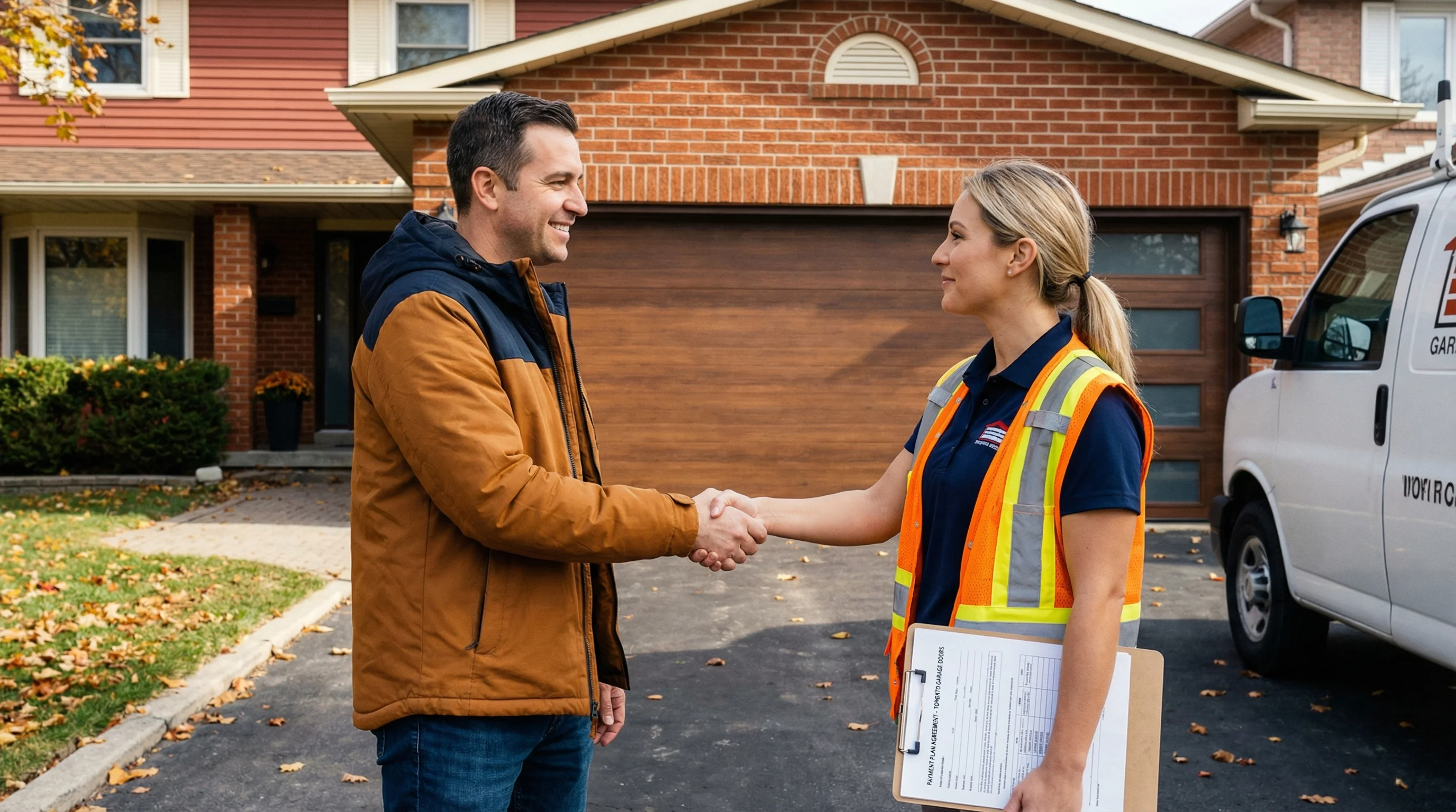 Homeowner and contractor shaking hands garage door financing payment plan suburban Toronto