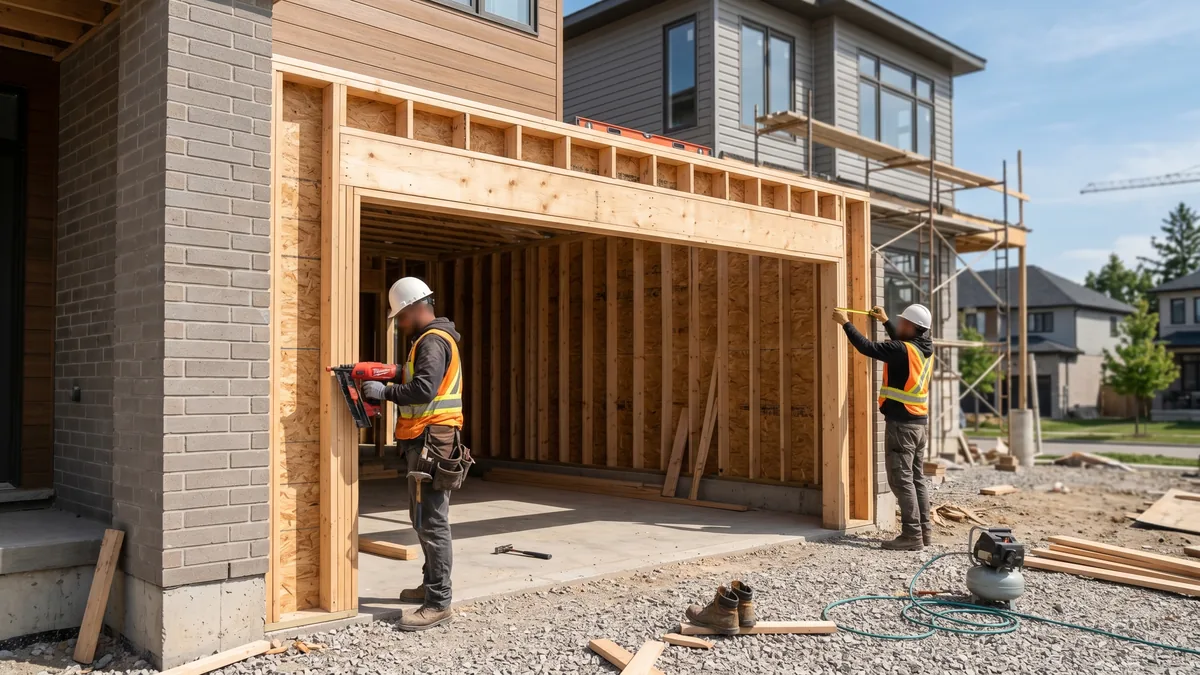 Framed rough opening for a garage door showing header, king studs, jack studs and side jambs