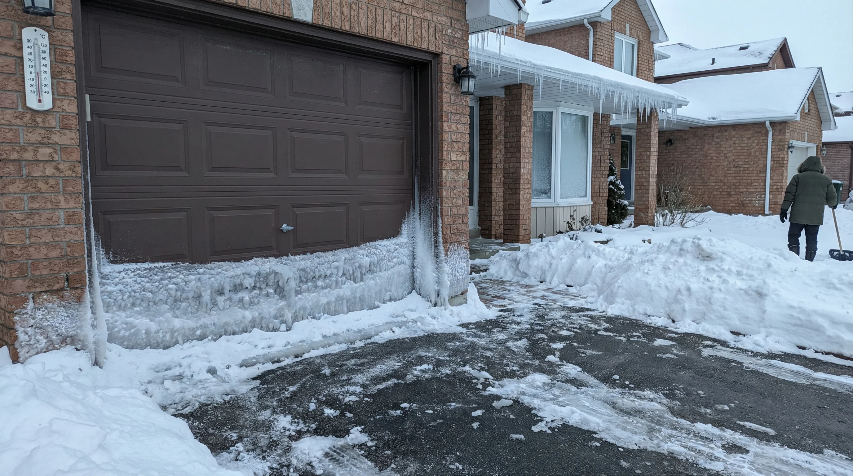 Garage door frozen shut with ice along bottom seal Canadian winter suburban Toronto home