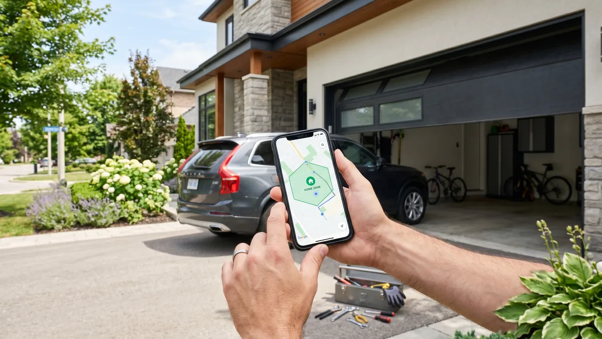 Smartphone showing a garage door geofence boundary around a GTA home