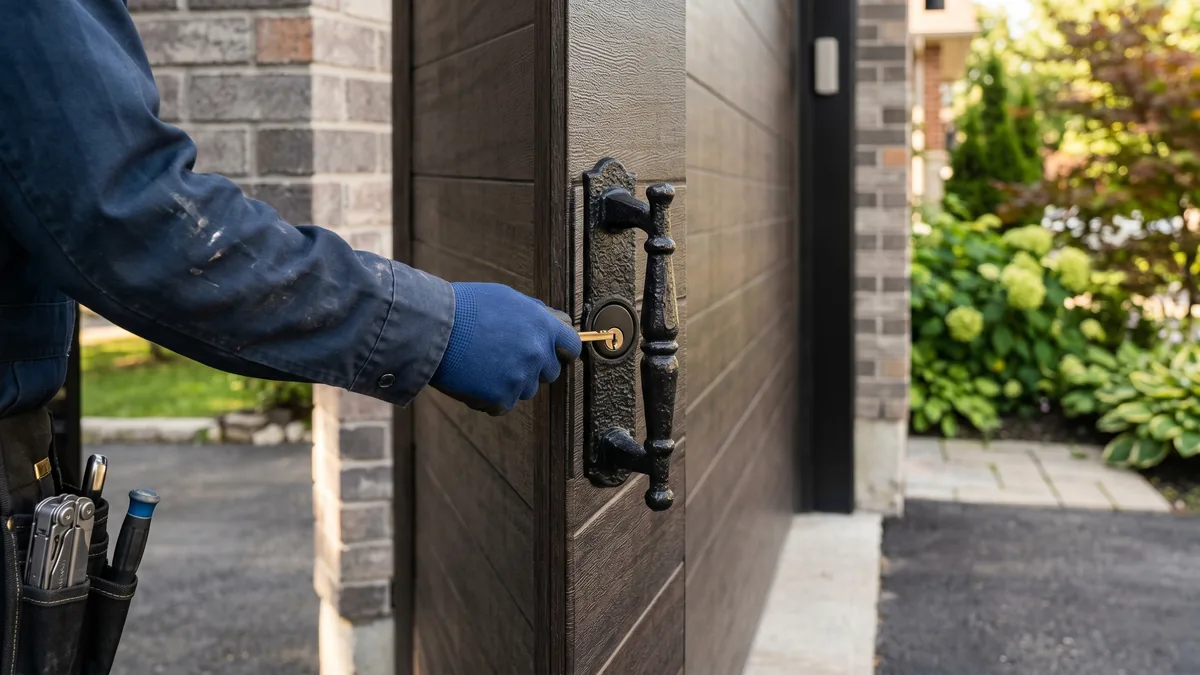 Garage door T-handle and lock cylinder being replaced with hand tools