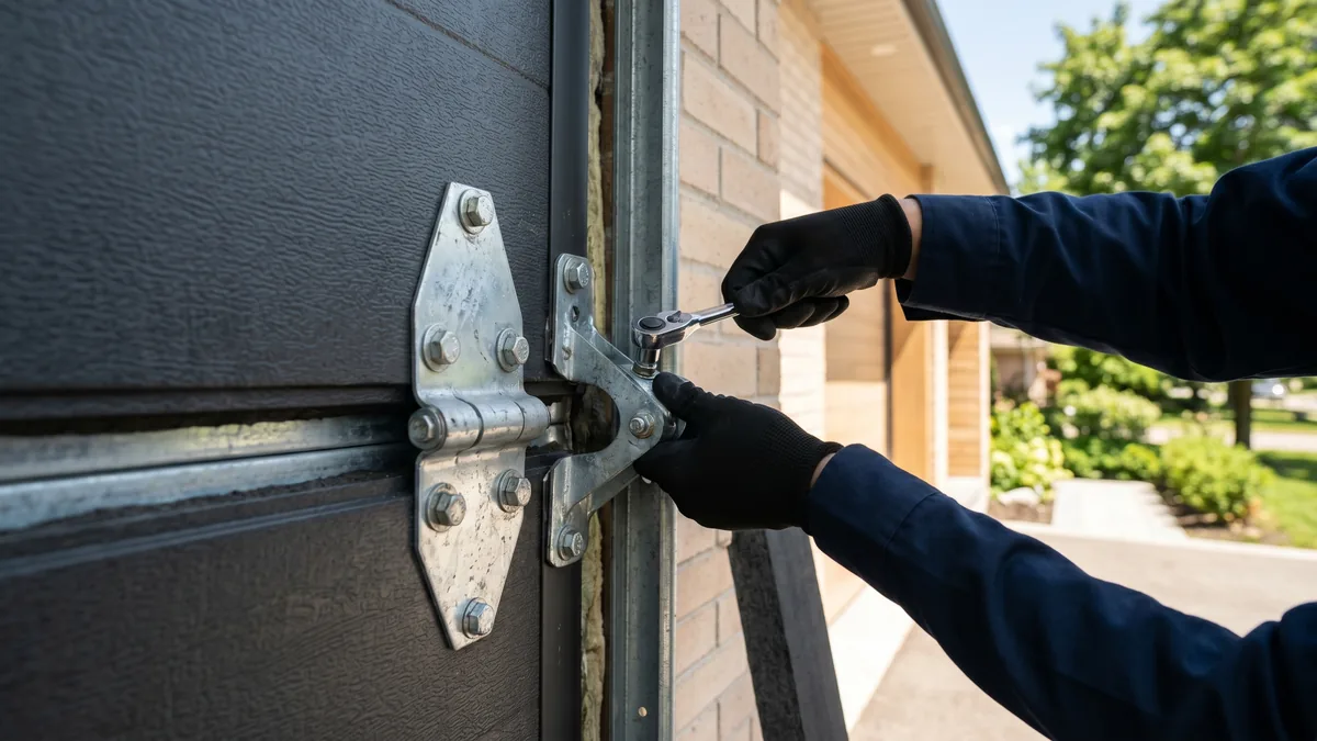 Numbered garage door center hinges installed between door sections on a sectional steel garage door