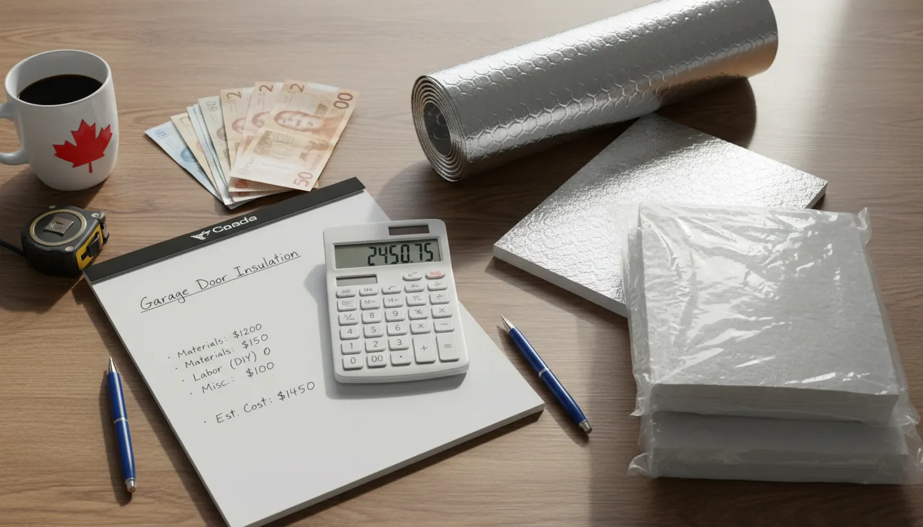 Insulation materials and tools with pricing labels for garage door project