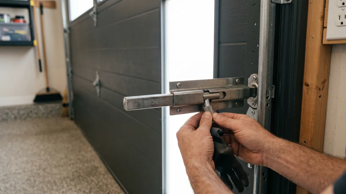 Close-up of a garage door lock bar and exterior T-handle lock engaged in the vertical track