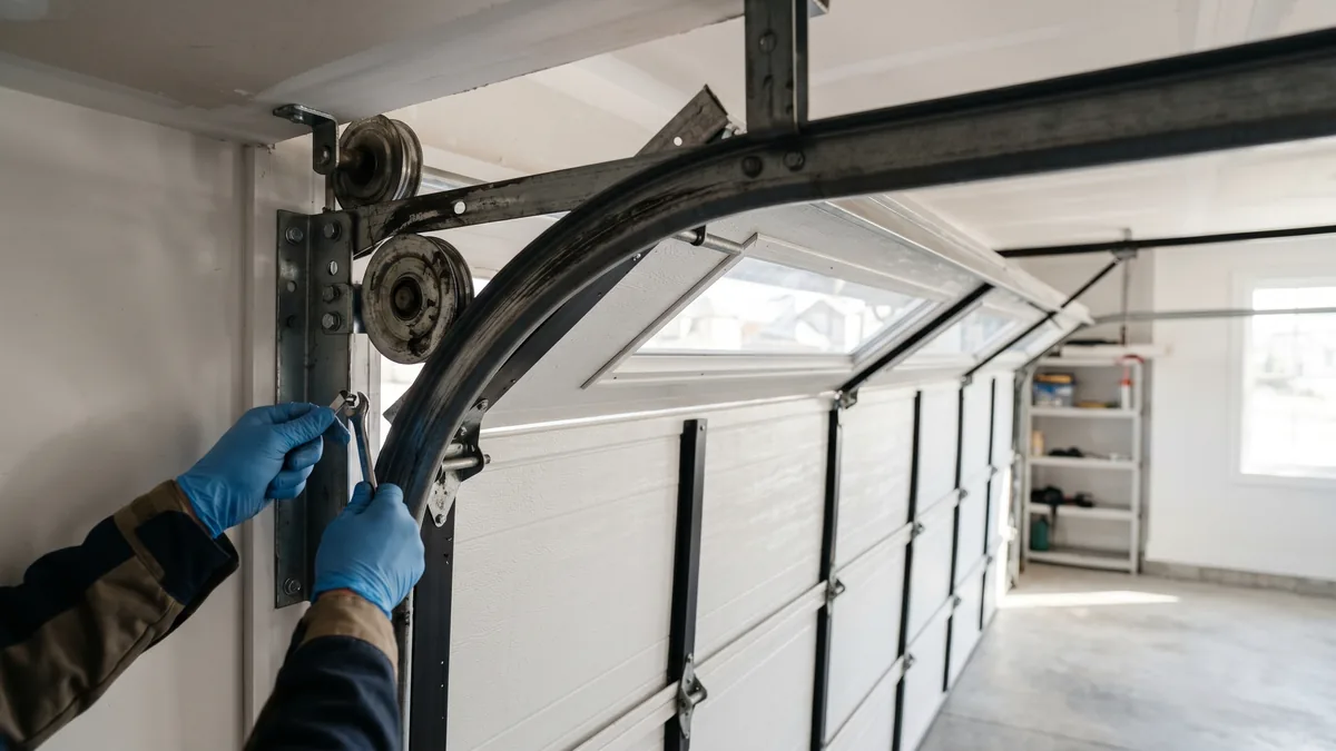 Technician lubricating rollers and hinges on a noisy garage door that is loud when closing in a Mississauga garage