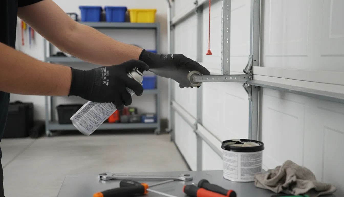 Technician performing garage door maintenance with lubricant spray