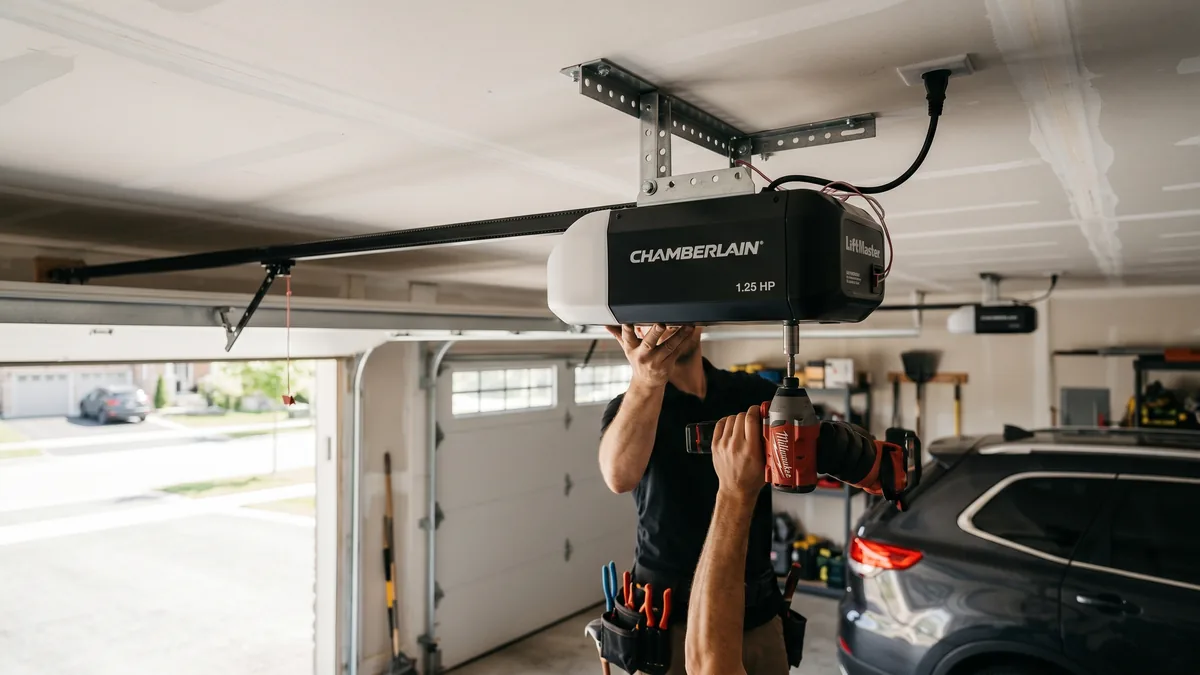Garage door opener motor head unit showing horsepower rating label