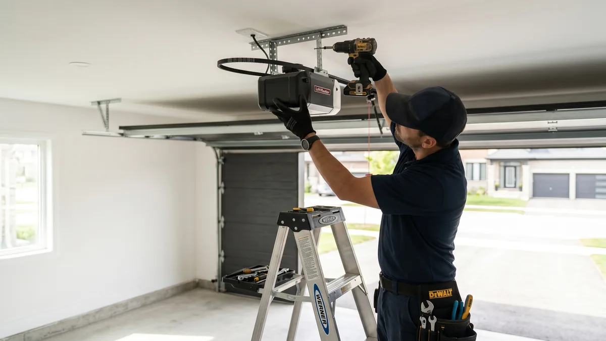 Technician mounting a new belt-drive garage door opener on the ceiling of a GTA garage