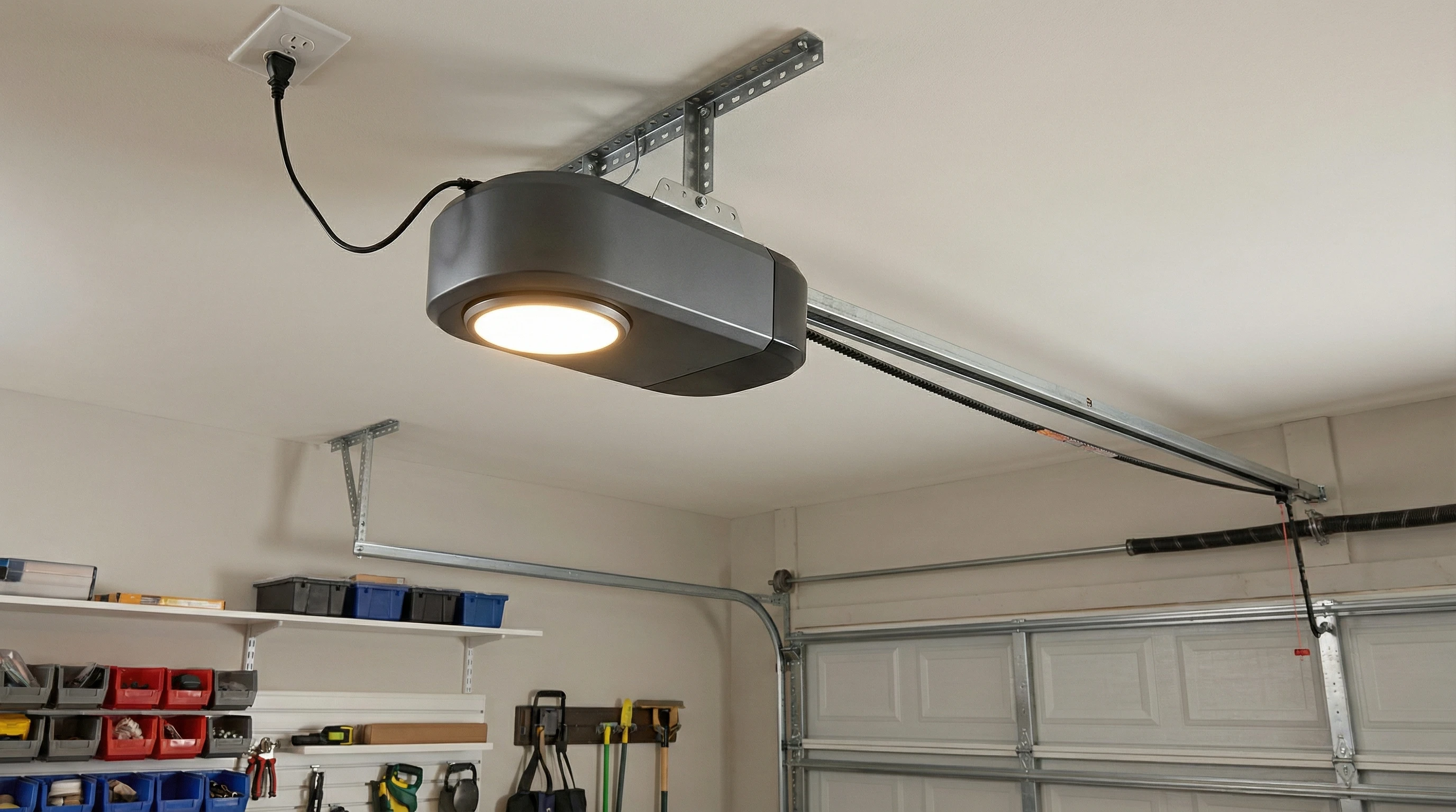 Garage door opener motor unit showing horsepower rating