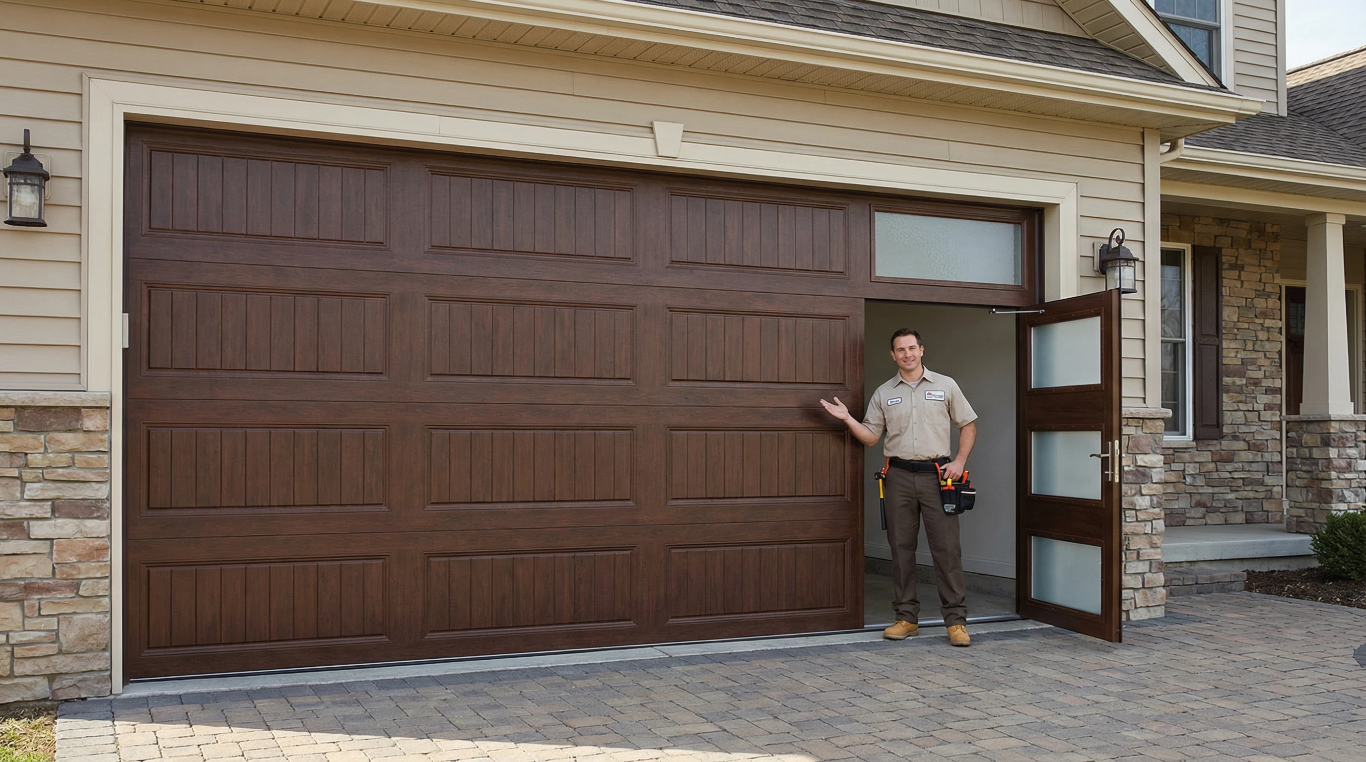Garage door with integrated pedestrian pass door installed in Toronto